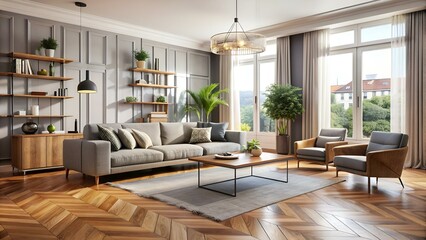 Modern living room with parquet flooring and stylish furniture