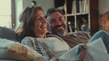 Wall Mural - A couple sitting on a couch, smiling and laughing together