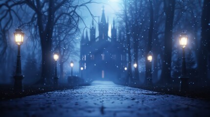 Wall Mural - A dark, snowy night with a castle in the background. The castle is lit up by lanterns, creating a mysterious and eerie atmosphere