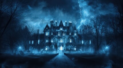 A large, old house with a stormy sky in the background. The house is surrounded by trees and there is a lightning bolt in the sky. Scene is eerie and ominous