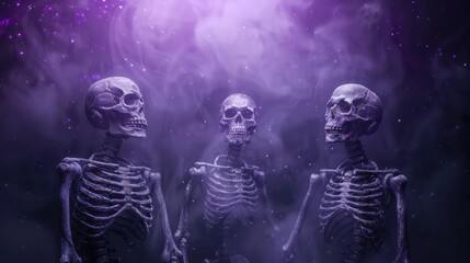 Three skeletons are standing in front of a purple background with smoke. Scene is eerie and mysterious