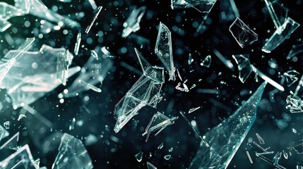 Broken glass fragments suspended mid-air against a dark background, highlighting the aftermath of a dramatic shatter.