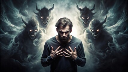 Man Facing His Demons: A Surreal Portrait - A young man stands in the center of the image, surrounded by shadowy demonic figures with glowing eyes, his face contorted with fear and defiance. The dark 