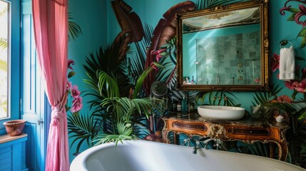 Wall Mural - Large mirror and tub next to painted wall