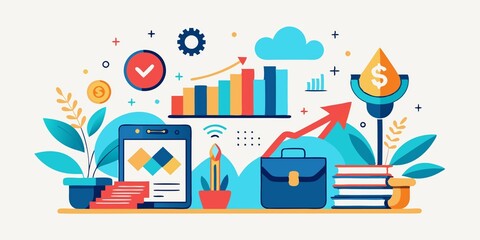 Financial Growth and Success Concept - Illustration depicting financial growth and success with colorful icons and abstract shapes.