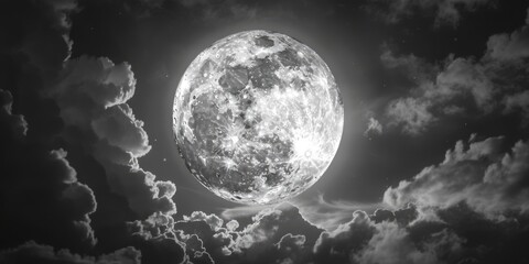 Wall Mural - A black and white photo of a full moon in the sky, providing a source of light on a dark night