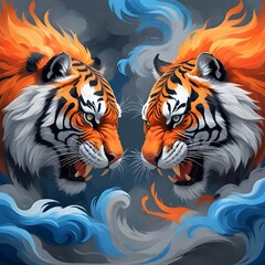 Dynamic Illustration of Two Fierce Tigers Facing Each Other with Fiery Background