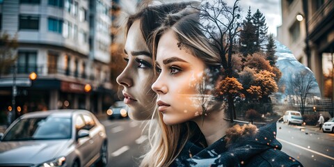 Wall Mural - Double collage, double profile of a woman in the city background wallpaper, generated by AI,
