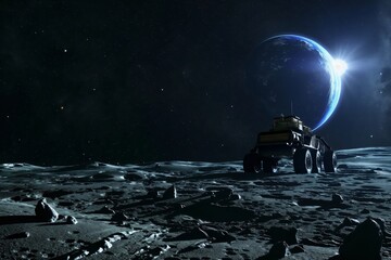 Lonely lunar rover exploring a desolate moon surface with planet earth rising over the horizon