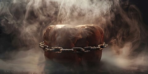 Canvas Print - Artistic Photo of a Brown Object Wrapped in Chains with Rising Steam. Concept Surreal Photography, Conceptual Art, Steam in Art, Brown Object Photography, Photography with Chains