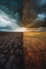 Canvas Print - A split image featuring a green field and a cloudy sky, suitable for use in nature-inspired designs or as a background