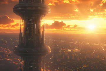 Wall Mural - Futuristic space elevator transporting people and cargo into space above a bustling city at sunset