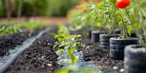 Wall Mural - Efficient Water Conservation A Closeup of Drip Irrigation System in an Organic Garden. Concept Water Conservation, Drip Irrigation System, Organic Garden, Closeup Photography