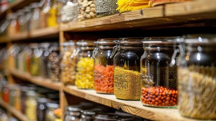 Food storage: Glass jars of dry foods like pasta, grains, and legumes arranged on pantry shelves, emphasizing organization and accessibility