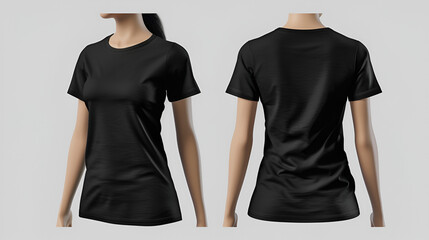 Photo realistic female black t-shirts with copy space, front and back view. Created with Generative AI Technology