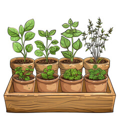 Illustration of various herbs growing in small pots inside a wooden tray, perfect for indoor gardening and culinary inspiration.