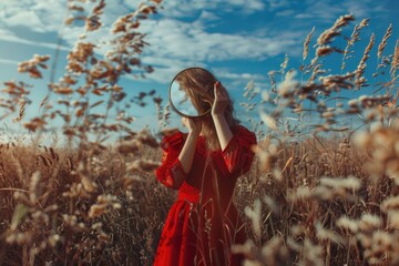 Poster - A woman wearing a bright red dress stands alone in a green field, perfect for fashion or lifestyle concepts