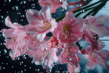 Sticker - A bunch of pink flowers floating in water, suitable for use in still life or decorative images