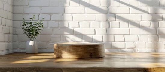 Wall Mural - Wooden pedestal void on kitchen table in front of white brick wall