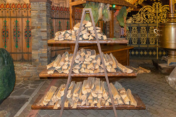 Wall Mural - a woodpile and a samovar in the Russian courtyard