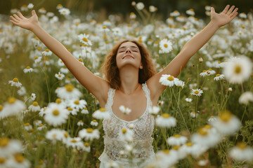 Calm happy smiling woman with closed eyes enjoys a beautiful moment life on the white flower fields.
