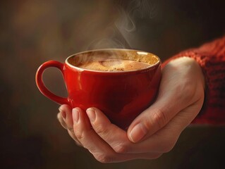 Close-up of hands holding a red mug filled with steaming hot beverage, creating a warm, cozy atmosphere.