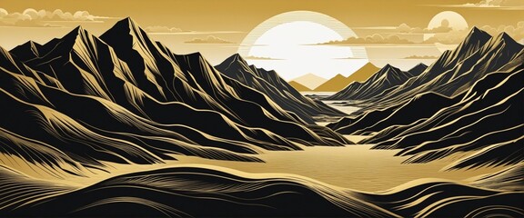 Modern geometric mountain landscape in black and gold vector design