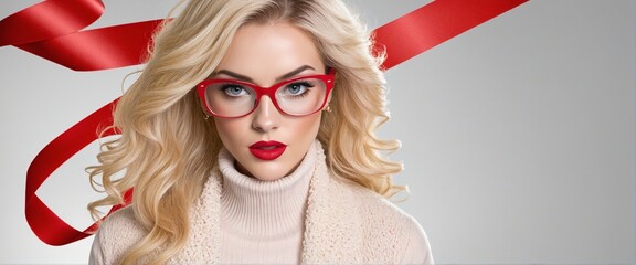 Retro glamour poster featuring a stylish, beautiful blond woman in fashion eyeglasses and red ribbons