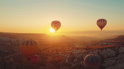 Wall Mural - Aerial view of hot air balloons soaring above a serene valley, ideal for travel or adventure concepts