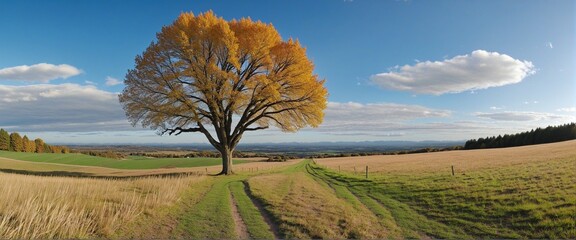 Wall Mural - Beautiful fall countryside landscape with vibrant foliage, rolling hills, and sunny skies in a vector illustration