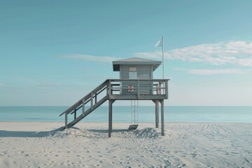 Canvas Print - A lifeguard tower standing tall on the shore, surrounded by sand and possibly waves in the distance