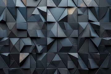 Wall Mural - Polished, Semigloss Wall background with tiles. Triangular, tile Wallpaper with 3D, Black blocks.