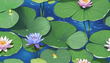 Wall Mural - Vintage Floral Lily Pad Pattern with Blue Lotus Flowers in a Tropical Duck Pond Setting