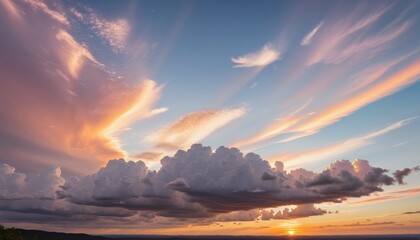 Wall Mural - Colorful Horizon: A Dramatic Panorama of the Pink and Purple Sky with Fluffy Cumulus Clouds at Sunrise