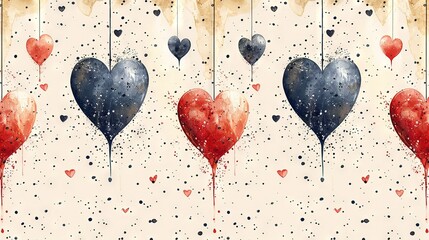 Wall Mural -   A painting depicts a cluster of hearts suspended by strings, adorned with watercolor splatters at the base