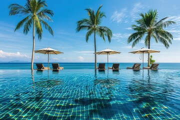 idyllic beach resort infinity pool overlooking pristine turquoise ocean framed by swaying palm trees luxurious lounge chairs and umbrellas invite relaxation under clear blue sky