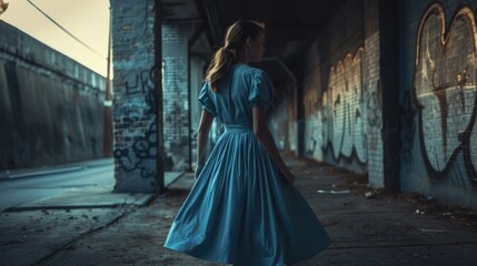 Wall Mural - A person in a blue dress walking down the street, possibly heading to an event or going about daily life