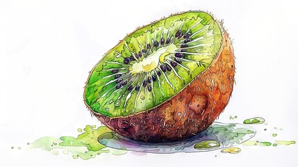   A drawing of a kiwi cut in two on a white background with a puddle of green paint