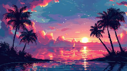 A vibrant sunset over a tropical island with palm trees and a sailboat on the horizon.