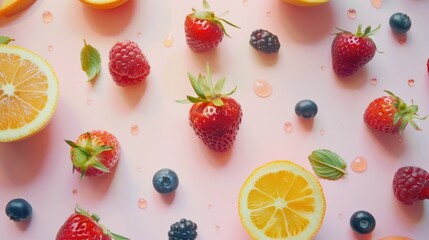 Wall Mural - A colorful arrangement of various fruits on a bright pink surface, ideal for use in food-related contexts