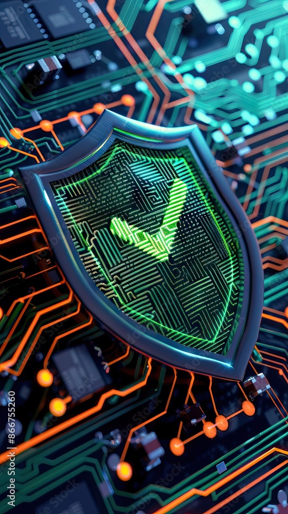 Digital security shield icon on a circuit board background. Printed ...