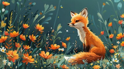 Wall Mural -   A portrait of a fox amidst a sea of blooms under a cerulean canopy