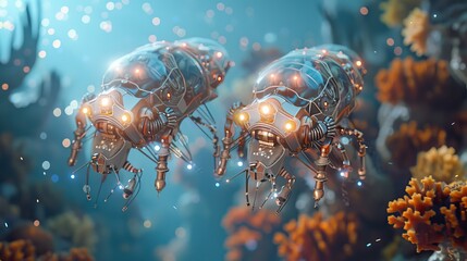 Glowing vivid transparent underwater jellyfishes. AI generated illustration