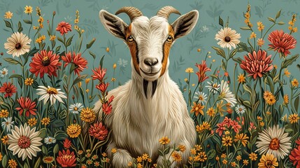 Wall Mural -   A goat sits amidst a field of daisies