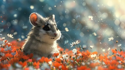 Wall Mural -   A gray and white mouse rests amidst orange and white flowers, set against a backdrop of blue sky