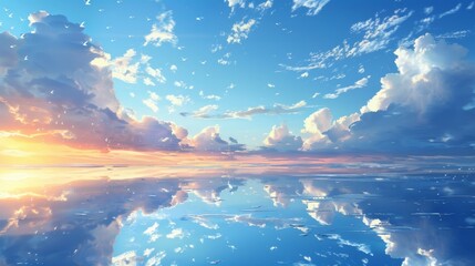 Wall Mural - A beautiful blue sky with clouds and a sun setting in the background