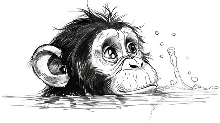 Wall Mural -   Black & white monkey drawing in water with water bubbles from its mouth