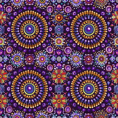 Aufkleber - Colorful floral mandalas on a deep purple background in a seamless repeating pattern design