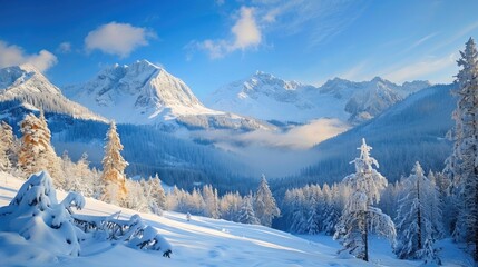 Wall Mural - Scenic Winter Landscape of Mountains and Forest with Blue Sky