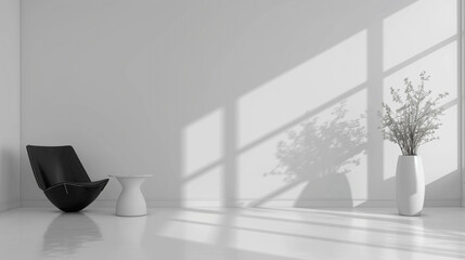 Spacious modern and minimalis room black white interior concept with sunlight and simple vase illustration background